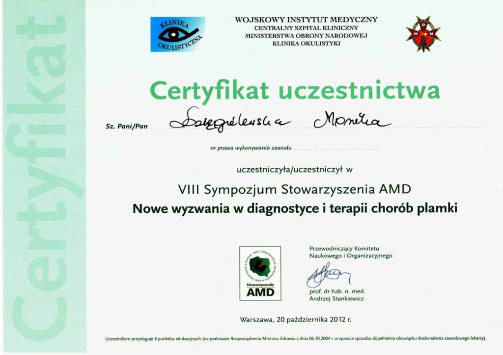 Certyfikat uczestnictwa dla Moniki Dzięgielewskiej za udział podczas 8. Sympozjum Stowarzyszenia AMD