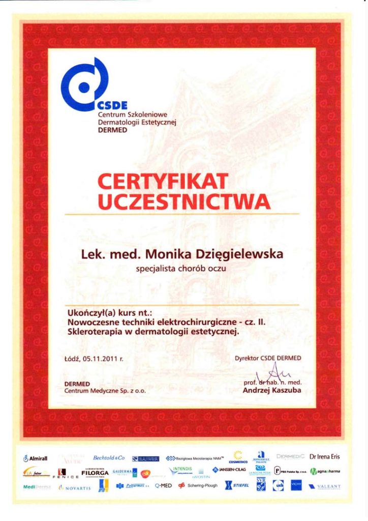 Certyfikat uczestnictwa dla Moniki Dzięgielewskiej za udział w kursie organizowanym przez CSDE DERMED