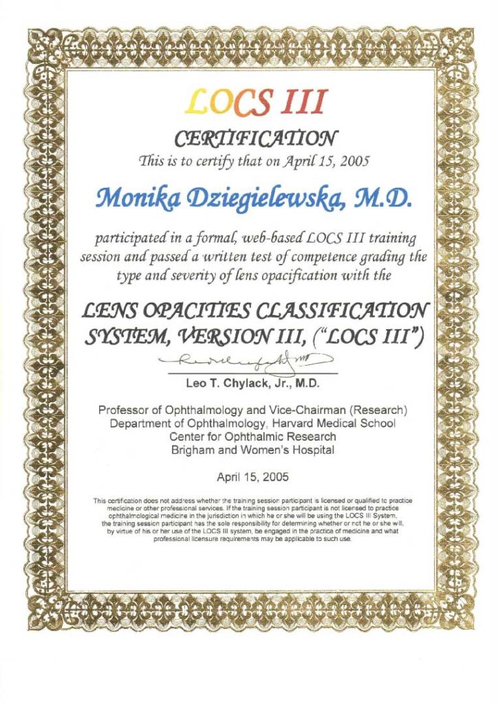 Certyfikat uczestnictwa dla Moniki Dzięgielewskiej za udział w szkoleniu organizowanym przez Wydział Okulistyki Harwardzkiej Szkoły Medycznej
