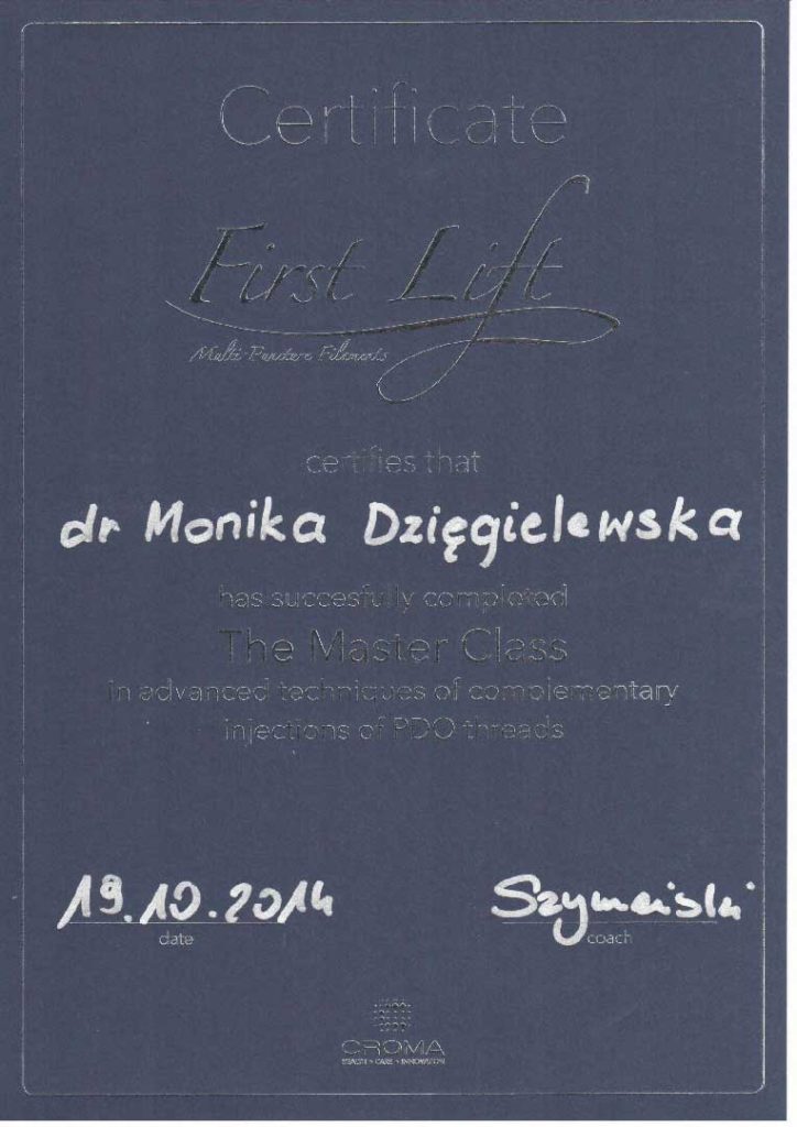Certyfikat dla Moniki Dzięgielewskiej za ukończenie 