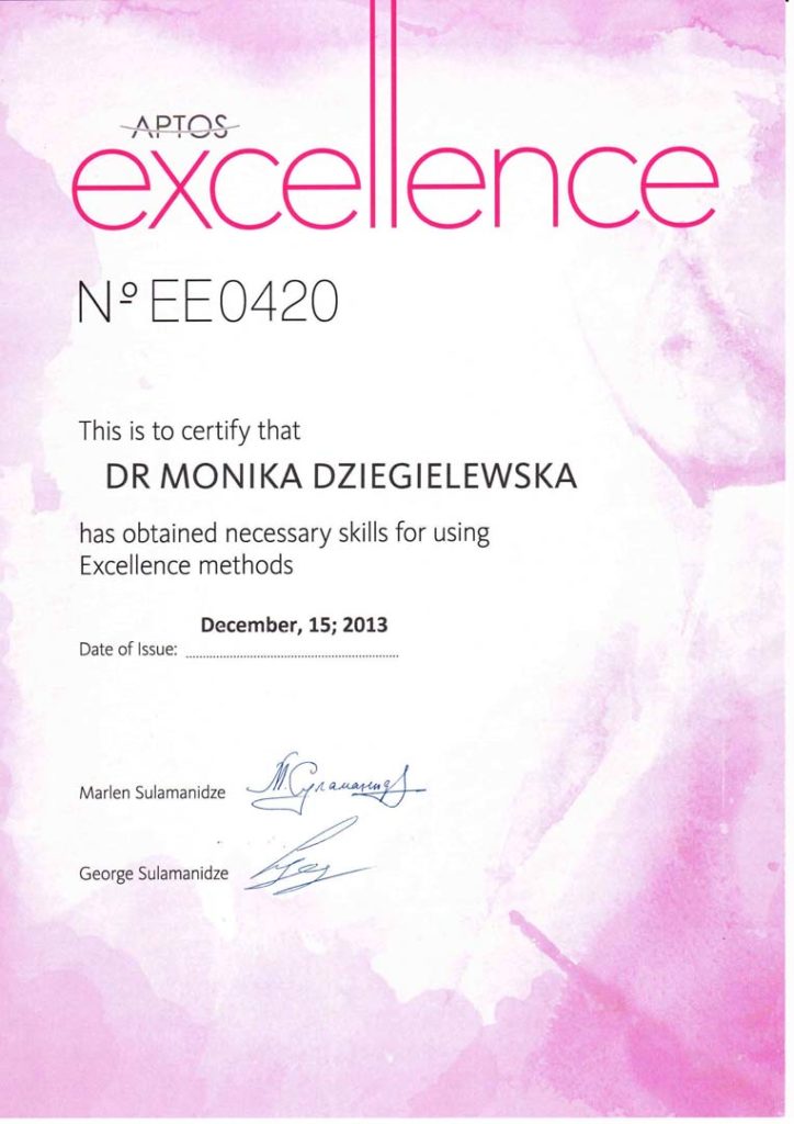Poświadczenie mówiące o tym, że Monika Dzięgielewska nabyła niezbędne umiejętności w zakresie posługiwania się metodami Excellence