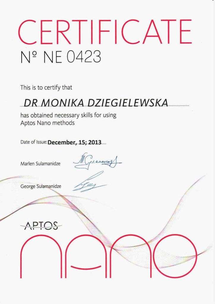 Poświadczenie mówiące o tym, że Monika Dzięgielewska nabyła niezbędne umiejętności w zakresie posługiwania się metodami Aptos Nano