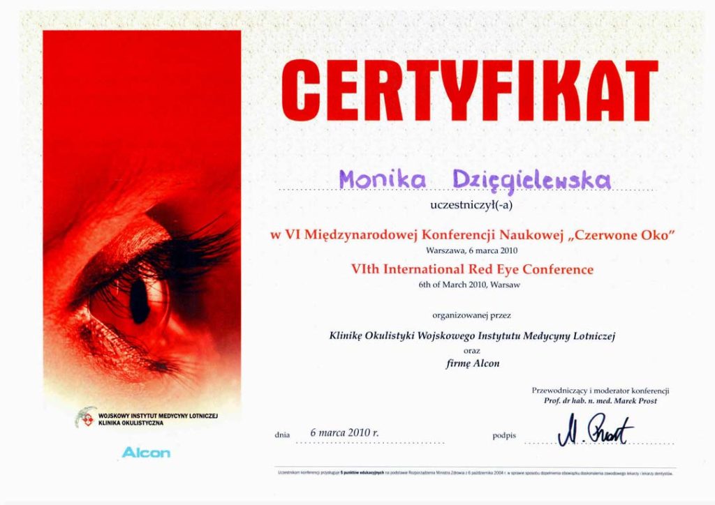 Certyfikat uczestnictwa dla Moniki Dzięgielewskiej za udział w 6. Międzynarodowej Konferencji Naukowej 