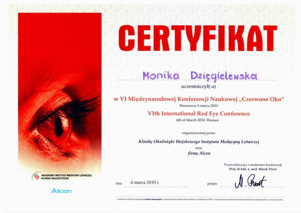 Certyfikat uczestnictwa dla Moniki Dzięgielewskiej za udział w 6. Międzynarodowej Konferencji Naukowej 