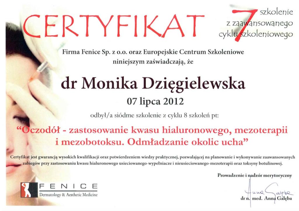 Certyfikat uczestnictwa dla Moniki Dzięgielewskiej za udział w siódmym szkoleniu z cyklu 