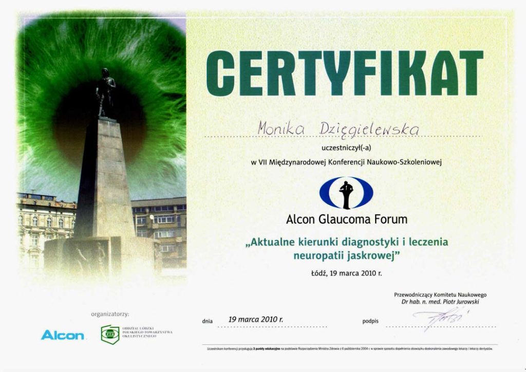 Certyfikat uczestnictwa dla Moniki Dzięgielewskiej za udział w 7. Międzynarodowej Konferencji Naukowo-Szkoleniowej w Łodzi