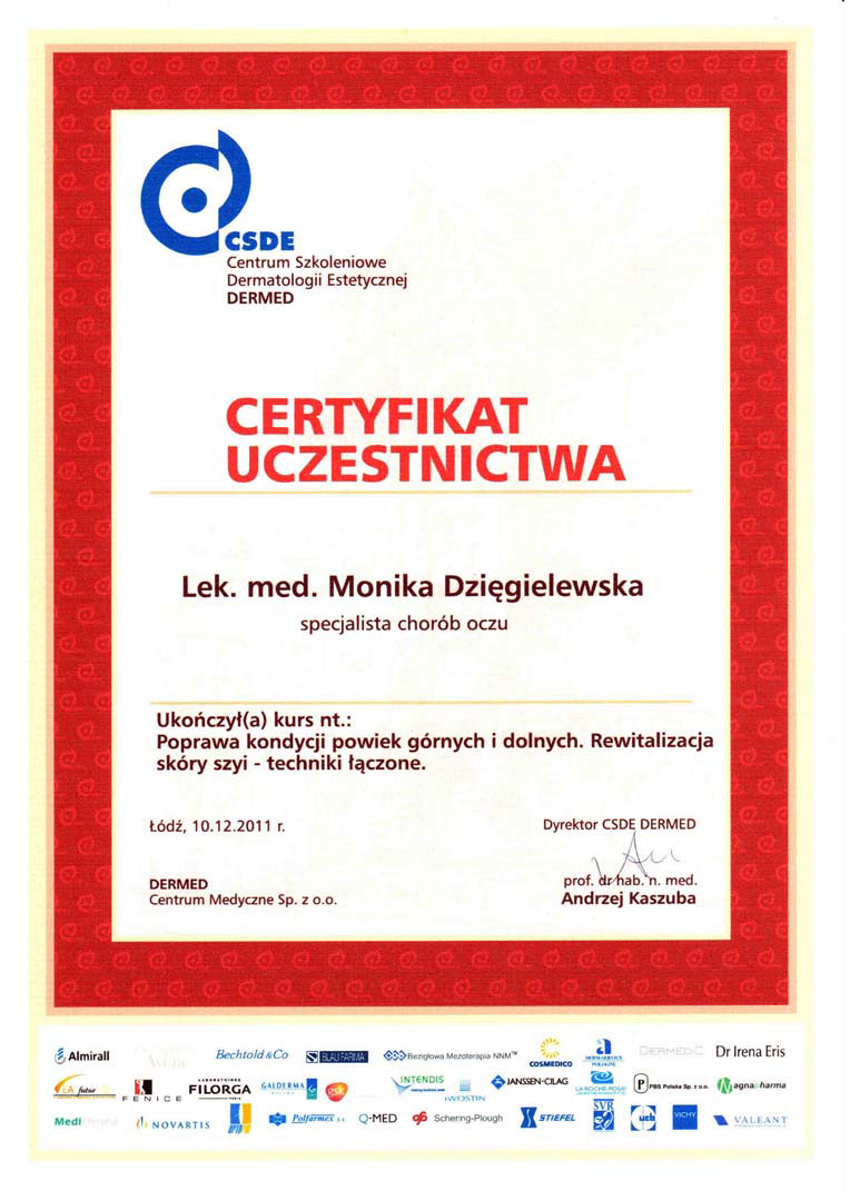 Certyfikat uczestnictwa dla Moniki Dzięgielewskiej za udział w kursie 