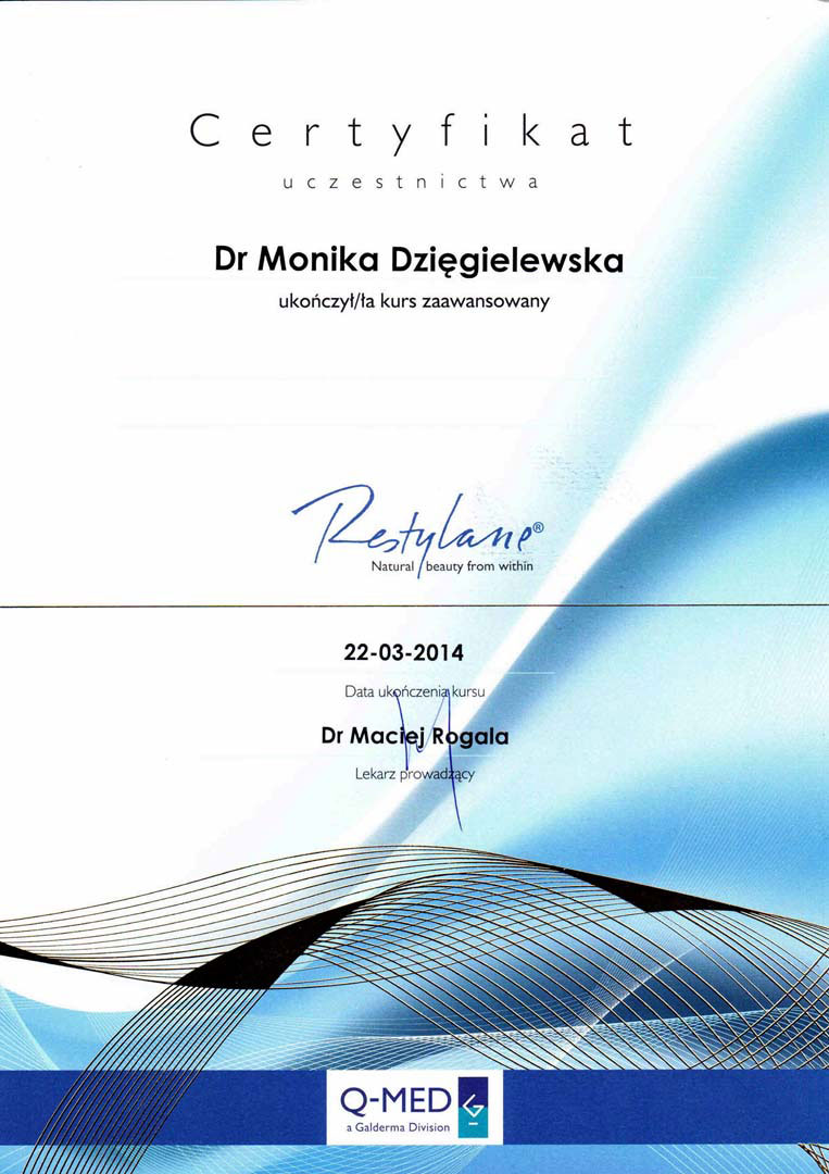 Certyfikat uczestnictwa dla Moniki Dzięgielewskiej za ukończenie kursu zaawansowanego