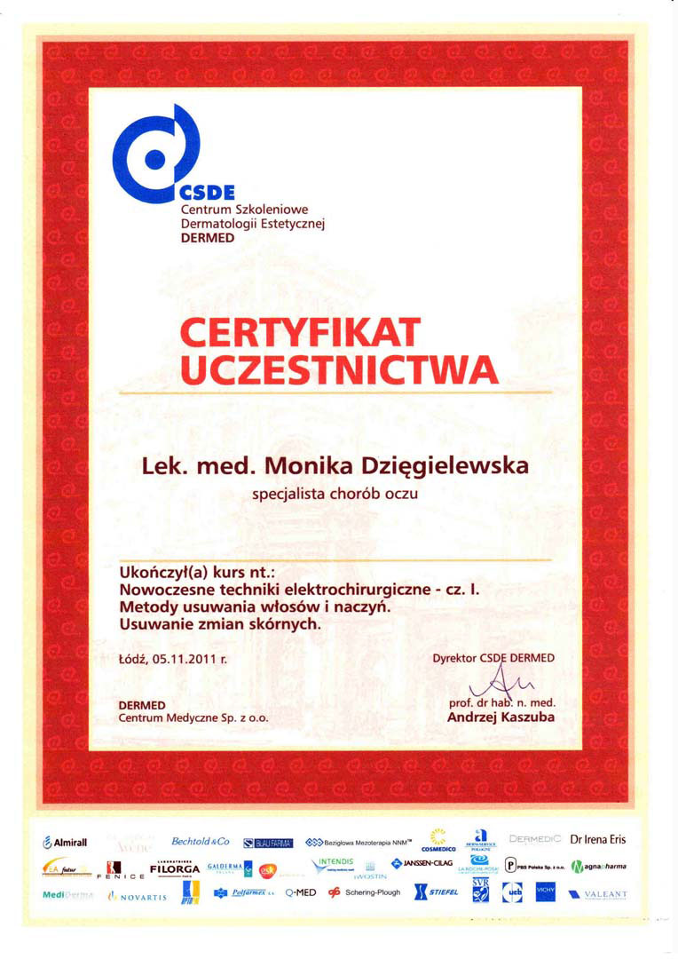 Certyfikat uczestnictwa dla Moniki Dzięgielewskiej za ukończenie kursu nt. nowoczesnych technik elektrochirurgicznych w Łodzi